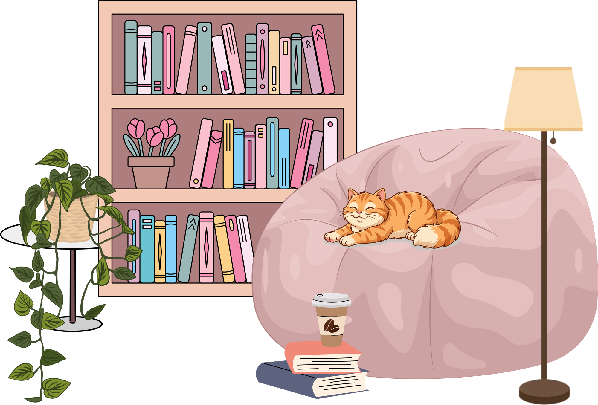 Затишний куточок для читання: книжкова полиця, пуф і кіт